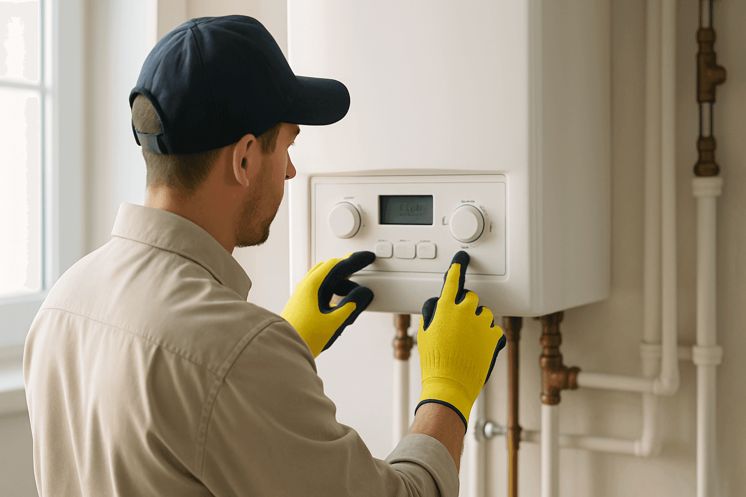 Technician inspecting boiler controls with safety gloves