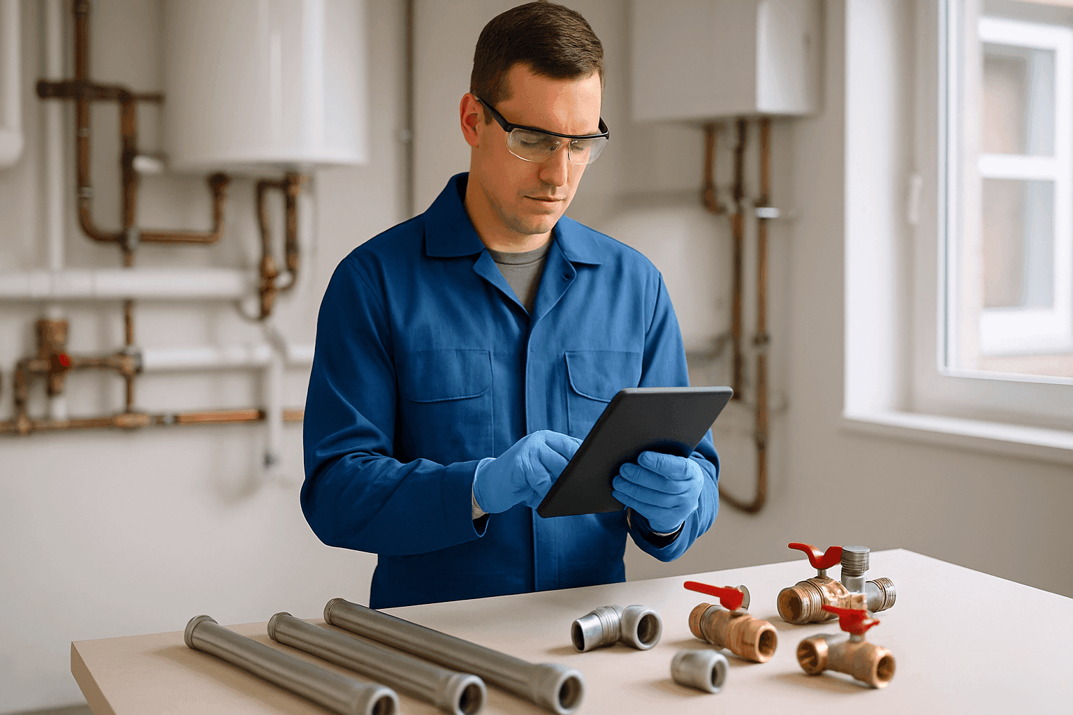 Plumber estimating pipe repair costs in a utility room